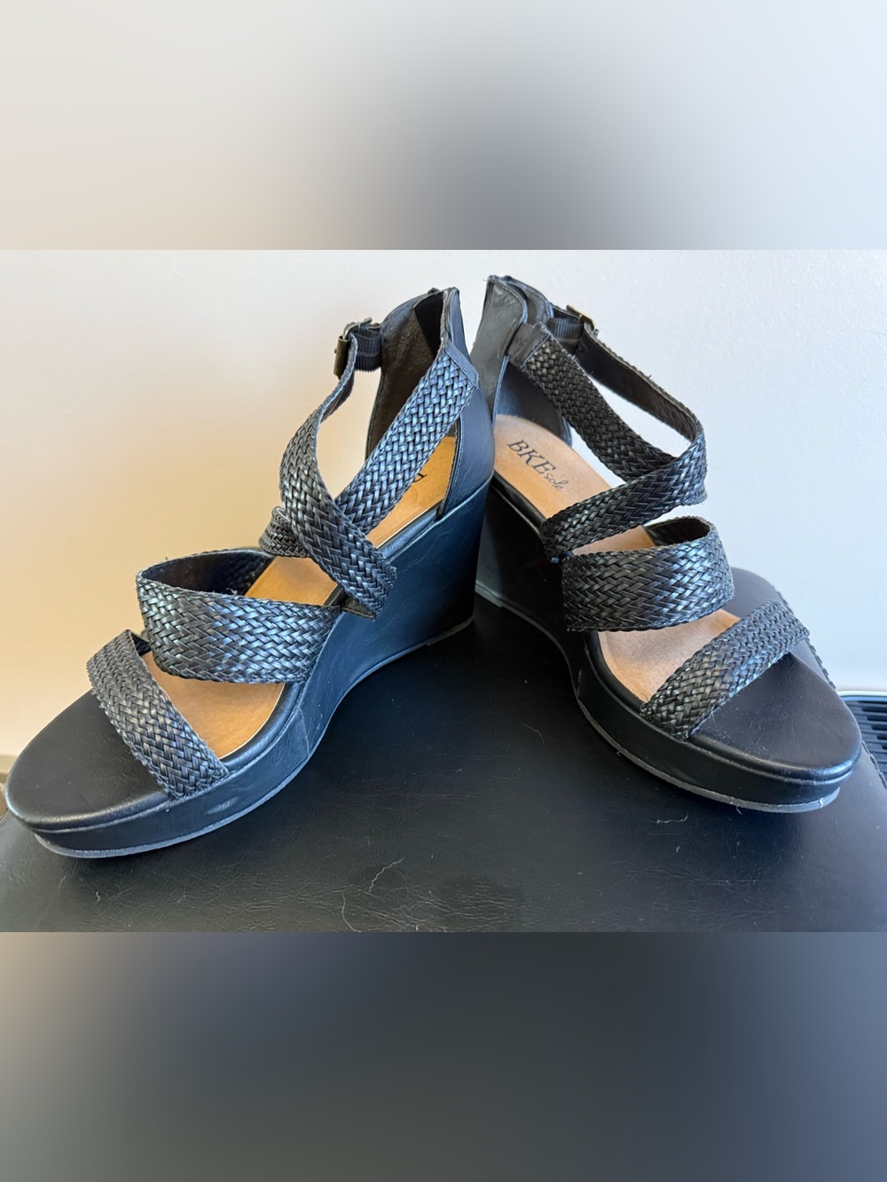 BKE Buckle brand sole Black Wedge Sandals with Braided Straps